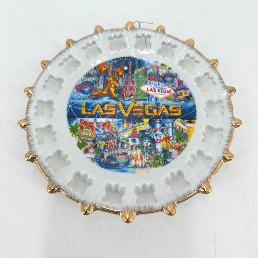 Vintage Las Vegas Souvenir Collector Plate Reticulated Gold Edge 6 Inch Nevada